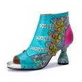 Hand-painted genuine leather high-heeled boots with 3D floral and paisley patterns. - 36 / Blue
