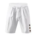 Vorderansicht der weißen Herren-Leinen-Strandshorts mit Kordelzug und seitlichen Knöpfen - S / Unterteile / Weiß