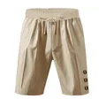 Casual men's summer linen shorts with drawstring waist and decorative side button detail - Light Khaki