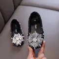 Elegant black princess flat shoes for girls featuring a sparkling rhinestone snowflake and pearls - 21 / Black