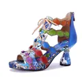 Gedetailleerd overzicht van handgemaakte Boheemse meerkleurige lederen Romeinse sandalen - 36 / Blauw