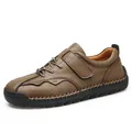 Zapatos de conducción informales en cuero marrón para hombre con costuras a mano - Caqui