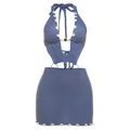 Blue knitted halter cut-out mini dress featuring cowrie shell trim and slim fit design - S / Dresses / Fog Blue