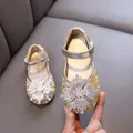 Champagne girl's princess shoes with sparkling rhinestones and a large floral ornament. - 21 / Gold