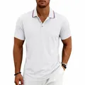 Men's white short sleeve quick-dry polo shirt with striped collar for golf and casual wear. - White