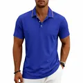 Macro detail of a royal blue quick-dry men's polo shirt with stylish striped collar trim - S / Tops / Sapphire Blue
