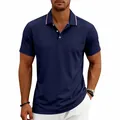 Detail of navy blue men's quick-dry golf polo shirt with striped collar - S / Tops / Navy Blue