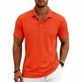 Detailed view of vibrant orange men's quick-dry polo shirt featuring a striped polo collar - Orange