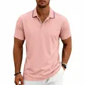 Close-up of a men's pink quick-dry golf polo shirt featuring a stylish striped collar design - Pink