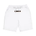 Detail of white breathable linen shorts for men with drawstring waist and patch. - S / Bottoms / White