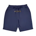Detailed view of navy blue loose linen casual shorts with drawstring waist - S / Bottoms / Navy Blue