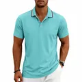 Close-up detail of a men's cyan quick-dry golf polo shirt featuring a striped collar. - Lake Blue