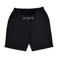 Detailed front view of black men's linen shorts with drawstring waist and logo patch. - S / Bottoms / Black