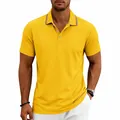 Detailed view of men's yellow quick-dry polo shirt featuring striped collar accents. - S / Tops / Yellow