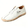 Men's white casual leather lace-up shoes with handmade stitching and tan sole - White