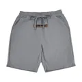Detail view of breathable grey linen shorts featuring drawstring waist and logo patch - Light Gray