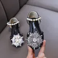 Elegant girls' black princess shoes featuring a rhinestone snowflake and pearl strap - 21 / Black