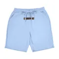 Light blue men's linen shorts with elastic drawstring waist and brown leather patch - Light Blue