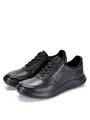 Detailed side view of premium black leather men's sneakers with soft sole. - 38 / Black