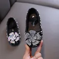 Elegant black princess shoes for girls with large rhinestone flowers and pearl accents - 21 / Black