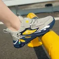 Breathable mesh boys running shoes in navy and grey with yellow accents - 28 / Off-White (Single Mesh)