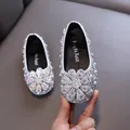 Sparkly silver girls princess shoes featuring large rhinestone flower and pearl accents - 21 / Silver
