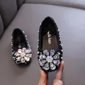 Elegant black girls rhinestone princess dress shoes with pearl flower detail for parties - 21 / Black