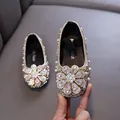 Sparkly gold girls princess flat shoes with large rhinestone flower and pearl accents - 21 / Gold