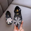 Black rhinestone princess shoes for girls with large crystal flower for dance performance. - 21 / Black