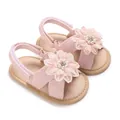 Pink baby girl sandals with decorative fabric flower and soft sole for summer fashion. - Pink