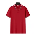 Red short-sleeve polo shirt with white and navy striped trim on collar and cuffs - S / Tops / Red