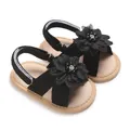 Close-up detail of black baby sandals featuring decorative flower and soft anti-slip sole - Black