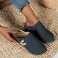 Navy blue closed-toe mules with perforated patterns and gold metal buckle detail - 36 / Navy Blue