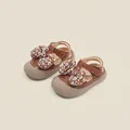 Toddler girl brown leather walking shoes with floral bow decoration and T-strap design - Inner Length 12cm / Brown