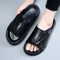 Men's black top-layer cowhide leather slippers with soft non-slip sole for indoor use - 38 / Black (787)