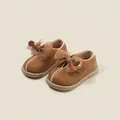 Elegant brown toddler girl princess leather shoes featuring a delicate bow decoration - Inner Length 12cm / Brown