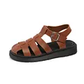 Vintage brown leather woven Roman sandals for women featuring a thick black platform sole - 36 / Tan