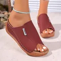 Comfortable women's burgundy wedge sandals with thick soles and stylish side label - 36 / Burgundy