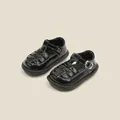 Shiny black patent leather T-strap baby shoes with woven detail for toddler girls - Inner Length 12cm / T-Strap Hollow-Out Style (13MBX9095) / Black