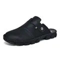 Comfortable black men's summer slides with manual stitching and non-slip rubber sole - 38 / Black