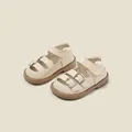 Toddler girls' beige leather princess sandals with double buckles and Velcro straps. - 12cm / Vintage Double Strap Princess Shoes (19MBX9073) / Beige