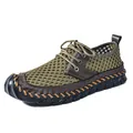 Men's olive green breathable mesh water shoes with hand-stitched non-slip rubber soles - Green