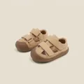 Premium beige leather toddler sandals with anti-collision rubber toe and velcro straps - Inner Length 12cm / Earthy Yellow