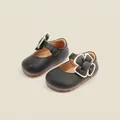 Toddler girl black princess leather Mary Jane shoes with decorative white edged flower - Internal Length 11.5cm / Three-dimensional Floral Style (20MBX91103) / Black