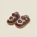 Toddler brown leather sandals featuring cute cherry heart embroidery and lace trim - Internal Length 11.5cm / Brown