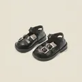 Classic toddler girls black faux leather princess shoes with silver buckles and velcro strap - 12cm / Double Buckle Cut-out Princess Shoes (19MBX9073) / Black