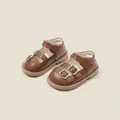 Classic brown leather toddler shoes for girls with buckle and velcro strap design - Inner Length 12cm / Retro Double Buckle Mary Jane Walking Shoes (19MBX9073) / Brown