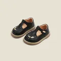 Zapatos clásicos de piel negra para niñas con bordado de flores - 11.5cm / Zapatos bordados para bebés (13MBX9070) / Negro