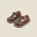 Brown toddler girls PU leather princess shoes with elegant round buckle closure - 14cm (Size 22) / T-Strap Leather Shoes (9MBX6015) / Brown