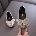 Sparkling girls champagne gold rhinestone princess shoes with large butterfly decoration. - 21 / Silver